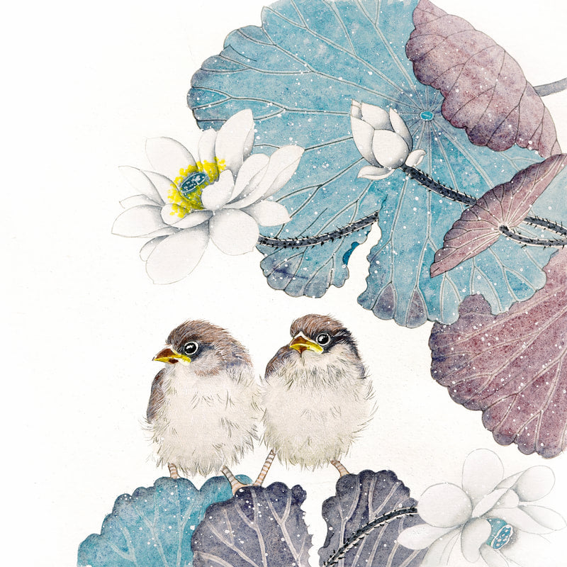 Sparrows and White Lotus