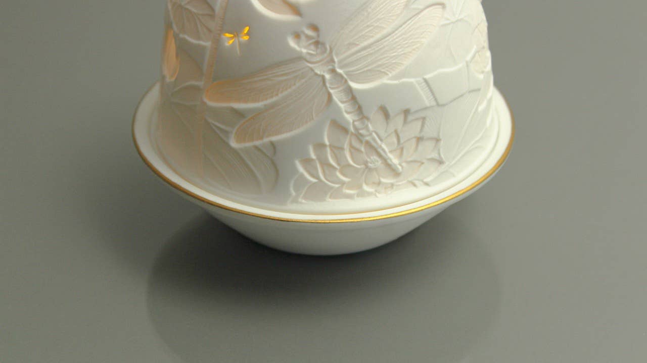 Porcelain Tea Light Holder - Dragonflies Flora